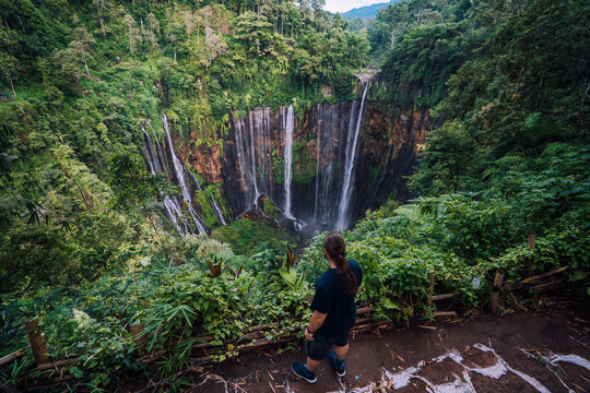View of a lone figure stands in awe before the majestic Tumpak Sewu Waterfall, its cascading waters plunging amidst vibrant green foliage, Tumpak Sewu, Jawa Timur, Indonesia.