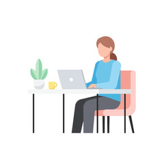 A woman with brown hair works on her laptop computer while sitting at a white desk with a plant and a mug.