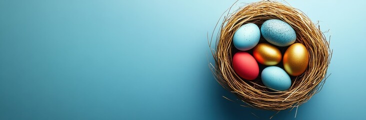Obraz premium Colorful Easter eggs in a bird nest against a blue background