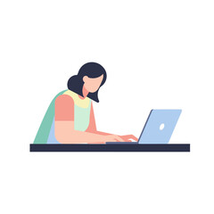 Illustration of a woman sitting at a desk, working on a laptop computer, typing and focused.