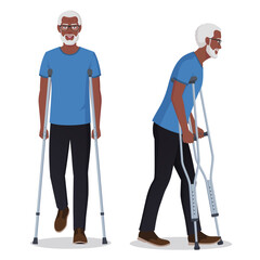 Elderly Black Man Walking with Crutches Isolated Vector Illustration
