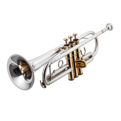 Obraz premium A gleaming, silver trumpet with gold accents, isolated against a stark black background