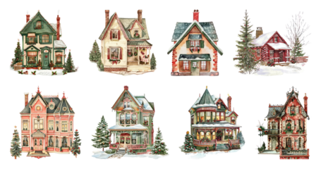 PNG Charming vintage winter homes illustration, element set on transparent background