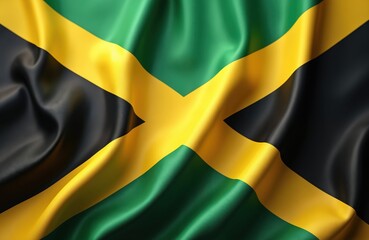 Jamaica national flag with gold yellow cross and green triangles. Black fields on waving textile represent strength and sunshine. Symbol of island country freedom.
