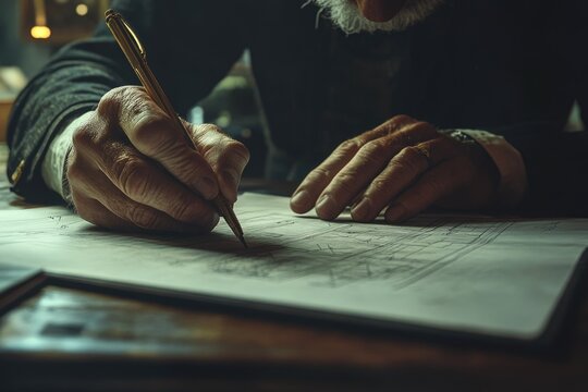 An elderly person, with a distinguished beard, meticulously draws on a detailed blueprint or document with a golden pen, focused intensely. - Powered by Adobe