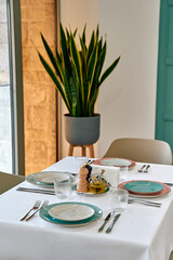 Elegant Dining Table Set with a Beautiful Green Plant in a Modern Room Featuring Minimalistic Dinnerware and Artful Presentation