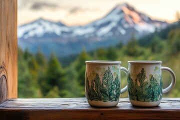 Two nature-themed mugs on wood railing. View of lush green forest and majestic sun-kissed snow-capped mountain peak in distance.