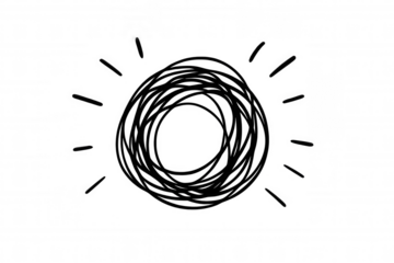 Hand drawn doodle sun icon with messy lines, representing abstract concepts like energy, thinking, creativity, or mental chaos