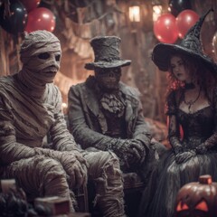 Fototapeta premium Spirits and shadows: revelers transformed in a surreal halloween fest. Commercial image. Whispering monsters: mummy twirls as friends circle in crimson and noir. Professional look.