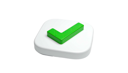 3D glossy green checkmark on a white rounded square button, isolated on a black background