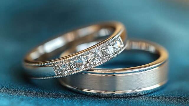 A pair of wedding rings placed on a blue cloth, ideal for romantic and sentimental uses