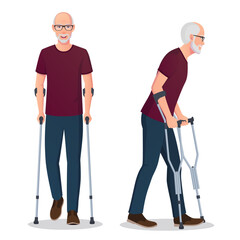 Elderly Man Walking with Forearm Crutches Isolated Vector Illustration