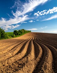 Plowed field, curving rows against a vibrant sky