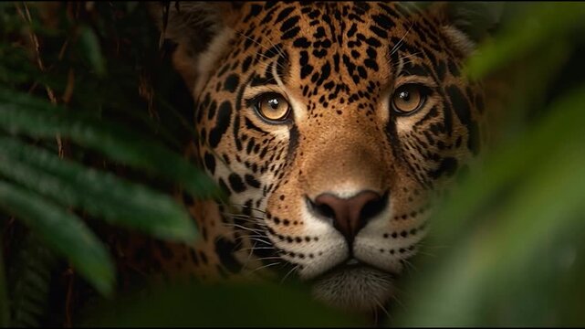 A close-up of a jaguar's face peering through lush green foliage, showcasing its striking patterns and intense gaze.
