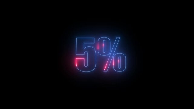 glowing Neon 5% Discount on black background. neon animation Neon light percentage symbol text animation. 4k video