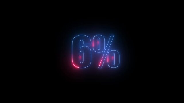 glowing Neon 6% Discount on black background. neon animation Neon light percentage symbol text animation. 4k video