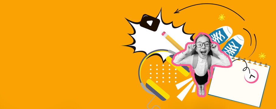 Bright orange background highlights a collage of fun elements, including sneakers, stationery, and a smiling person. This collection brings an energetic vibe to learning and creativity.