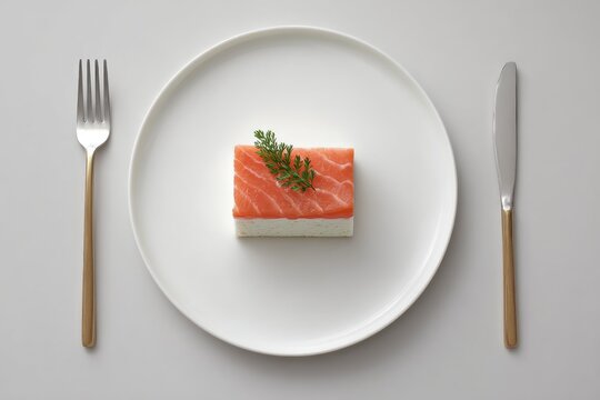 Culinary Minimalism: Salmon Mousse with Dill Garnish on Elegant White Plate Setting