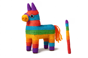 Colorful donkey piñata with stick for fiesta celebrations