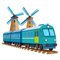 A teal train travels past Dutch windmills