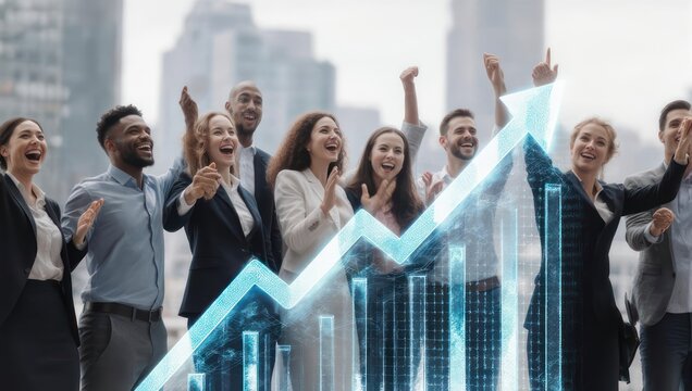 A diverse group of professionals celebrate success outdoors, with a rising growth arrow overlay