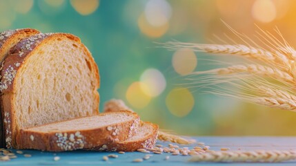 Freshly baked bread with sesame seeds and wheat ears on a sunny day