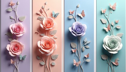Pastel rose flower stickers with butterflies adorn four vertical panels. Delicate floral vines feature pink, peach, lavender, mint blooms with fluttering insects creating gentle, decorative pattern