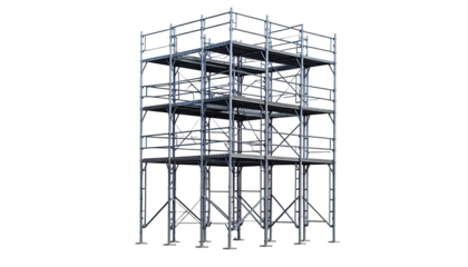 Steel frame structure isolated on black background, multi-tiered with horizontal supports
