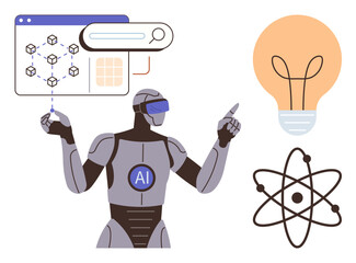 Futuristic robot with AI logo gesturing towards search interface, block network, lightbulb, and atom diagram. Ideal for technology, AI, science, innovation research education progress. Simple flat