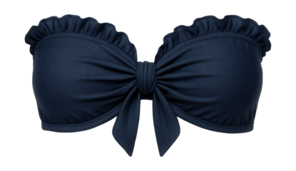 Navy blue bandeau bikini top with ruffle trim and knot detail.
