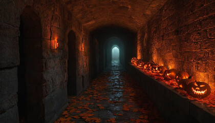 Passaggio sotterraneo inquietante con fila di Jack-o'-lantern minacciose e pavimento coperto di foglie autunnali.