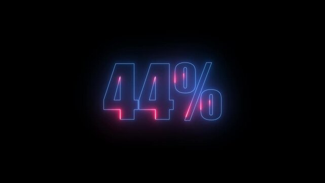 glowing Neon 44% Discount on black background. neon animation Neon light percentage symbol text animation. 4k video