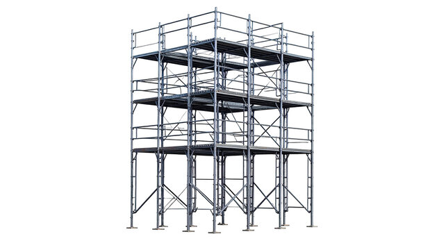 Steel frame structure isolated on black background, multi-tiered with horizontal supports