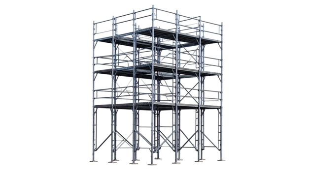 Steel frame structure isolated on black background, multi-tiered with horizontal supports