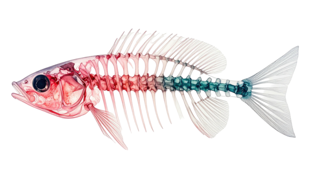 X-ray-like image showing the detailed skeleton and internal organs of a fish, isolated on black