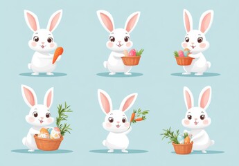 Obraz premium Cute white bunny cartoon illustrations holding Easter eggs and carrots