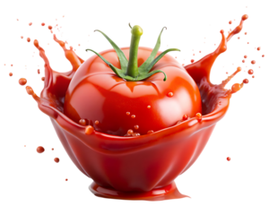 fresh red tomato splashing into tomato ketchup sauce, cutout, PNG isolated on white or transparent background