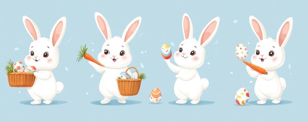 Obraz premium Cute Easter bunnies with baskets, eggs, and carrots on a pastel background