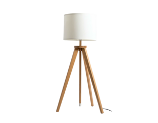 A tripod lamp featuring a white cylindrical lampshade and wooden legs. Black backdrop