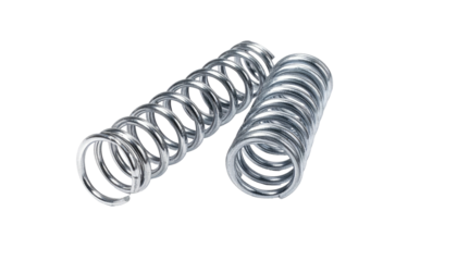 Two metallic compression springs, one extended, against a black background