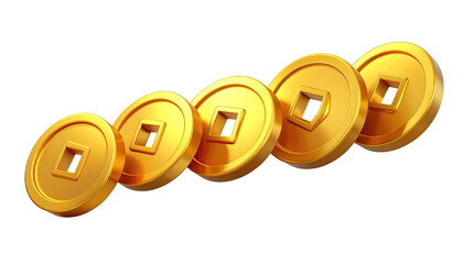 Golden Chinese coins in a row, slightly angled, with square holes, against black