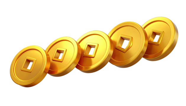 Golden Chinese coins in a row, slightly angled, with square holes, against black