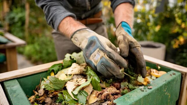 Gardener layering green and brown materials in a compost bin demonstrating effective balancing for healthy decomposition.