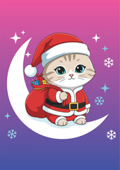 Cute Christmas Cat in Santa Suit Sitting on Crescent Moon Vector Illustration