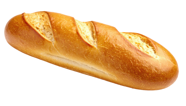 Golden loaf of bread with slash marks, cut open to show fluffy, airy interior