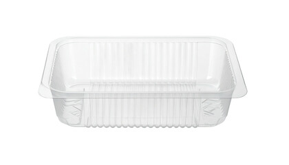 A transparent, rectangular plastic container with ridged sides and a lip, seen against black