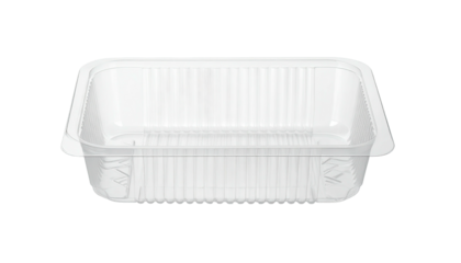 A transparent, rectangular plastic container with ridged sides and a lip, seen against black
