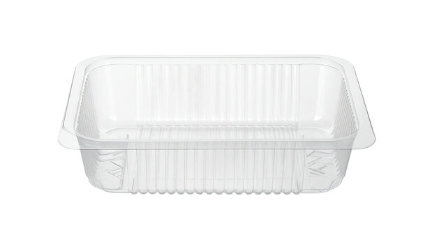 A transparent, rectangular plastic container with ridged sides and a lip, seen against black