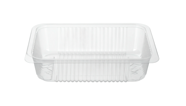 A transparent, rectangular plastic container with ridged sides and a lip, seen against black