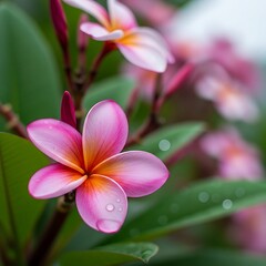Fototapeta premium Pink Plumeria Blossom - A Tropical Beauty in Bloom.